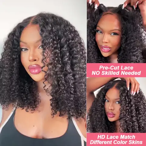 Kinky Curly Glueless Drawstring 13x6 HD Lace Frontal Wig 100% Glueles Wigs Human Hair Pre Plucked Afro Curly 7x5 HD Lace Closure Wig 3 Mins Ready to Wear Go Glueless Wig 200% Thick Hair Lace Wigs for Women Beginner Friendly
