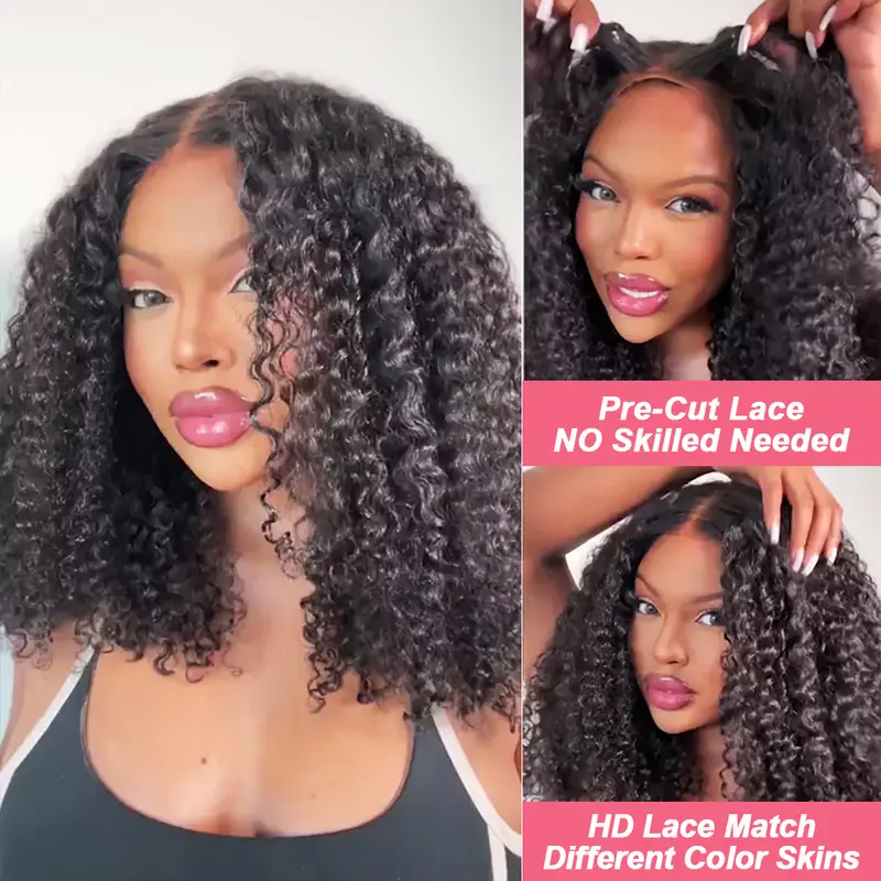 Kinky Curly Glueless Drawstring 13x6 HD Lace Frontal Wig 100% Glueles Wigs Human Hair Pre Plucked Afro Curly 7x5 HD Lace Closure Wig 3 Mins Ready to Wear Go Glueless Wig 200% Thick Hair Lace Wigs for Women Beginner Friendly