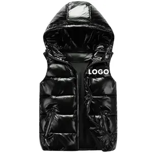 Winter Sleeveless Glossy Puffer Vest Jacket Custom Logo Waterproof Shiny Bubble Men's Vests With Hoodie