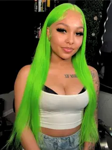 Neon Green 13x4 Lace Front Wig Pre Plucked Hairline Heat Resistant Synthetic Wig Valentine’s Day Dating Look Straight Wig for Women Everyday Wear Work School Valentine’s Gift Present Pre Plucked Wigs 28 Inch