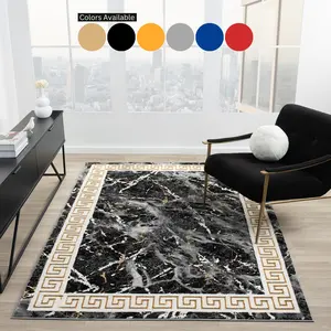 HADBA Marble Collection Blue Area Rug 5x7 Modern Abstract Granite Gold Design Bordered Look Non-Slip Leather Backing Non-Shedding for Living Room, Bedroom, Dining Room, large rug, extra plush, Turkish Made, High Quality, 2 - 3 Day Shipping 5' x 7' 8' x 10