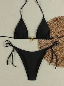 Women's Fashionable Two-Piece Bikini Swimsuit, Tie-Strap Metal Star Design, Beach Vacation Outfit set
