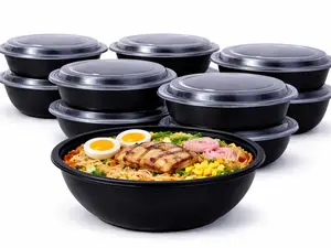 36oz One Time Use Plastic Black BPA Free Food Prep Ramen Bowl, Nut Container, Bento Box, Fast Food Take Out Box, BBQ Box, Portable, Stackable, Extra Thick, Microwavable, Freezer Safe, Disposable, Leak proof, Dish Washer Safe