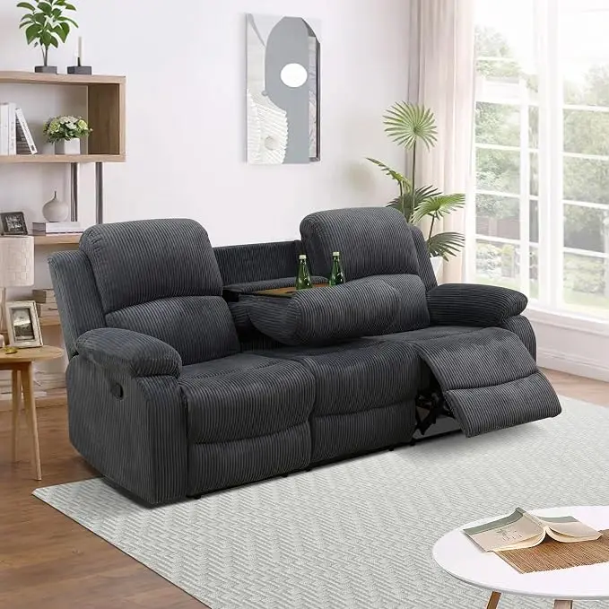 Living Room Furniture Set, Manual Reclining Sofa Set, Dark Grey Corduroy Recliner Couch Sets with Drop-Down Table, Recliner Sofa with Storage Console/Cup Holder for Living Room/Apartment