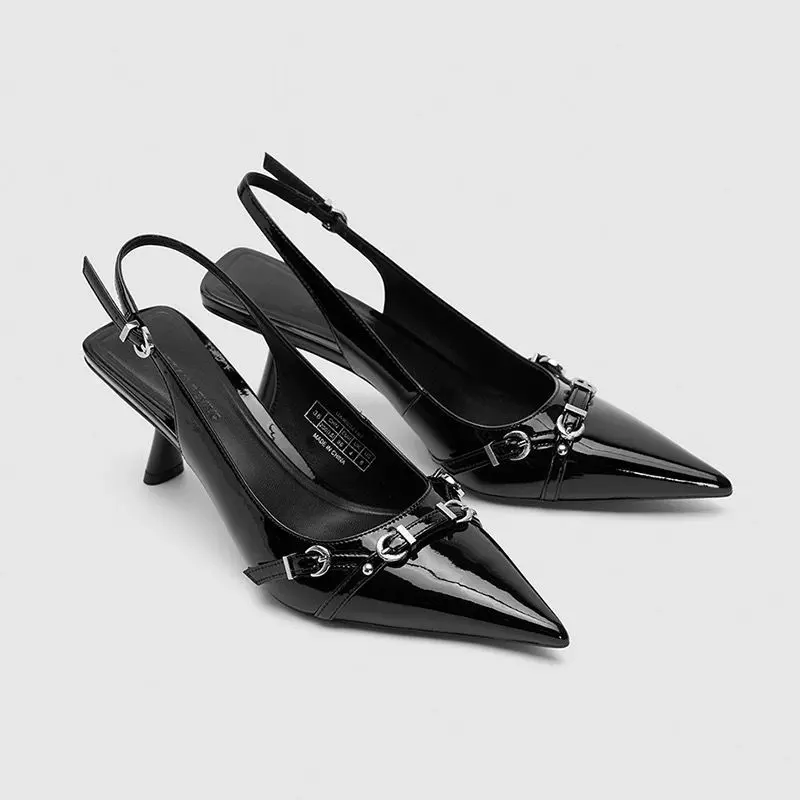 Women's Elegant Pointed-Toe Patent Leather Sandals - Adjustable Slip-On Slingback Kitten Heels with Double Metal Buckle, Chic Stiletto Footwear for Daily Wear & Parties
