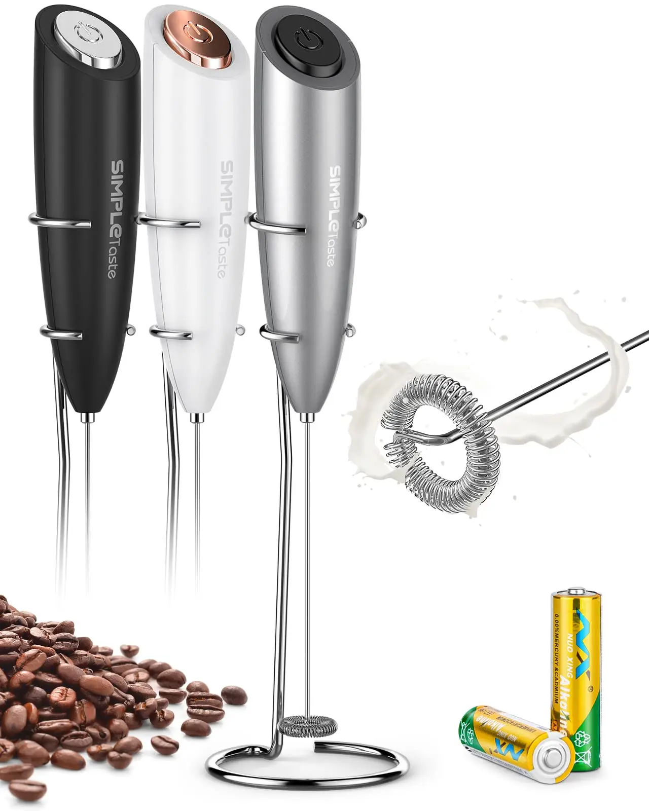 SIMPLETaste AA-Powered No-Handheld 4-in-1 Portable Coffee Milk Frother, 304 Stainless Steel Whisk, Ergonomic Handle, Lightweight Plastic Stand, Quick Froth for Cappuccino, Latte, 4-In-1 Portable Milk Frother