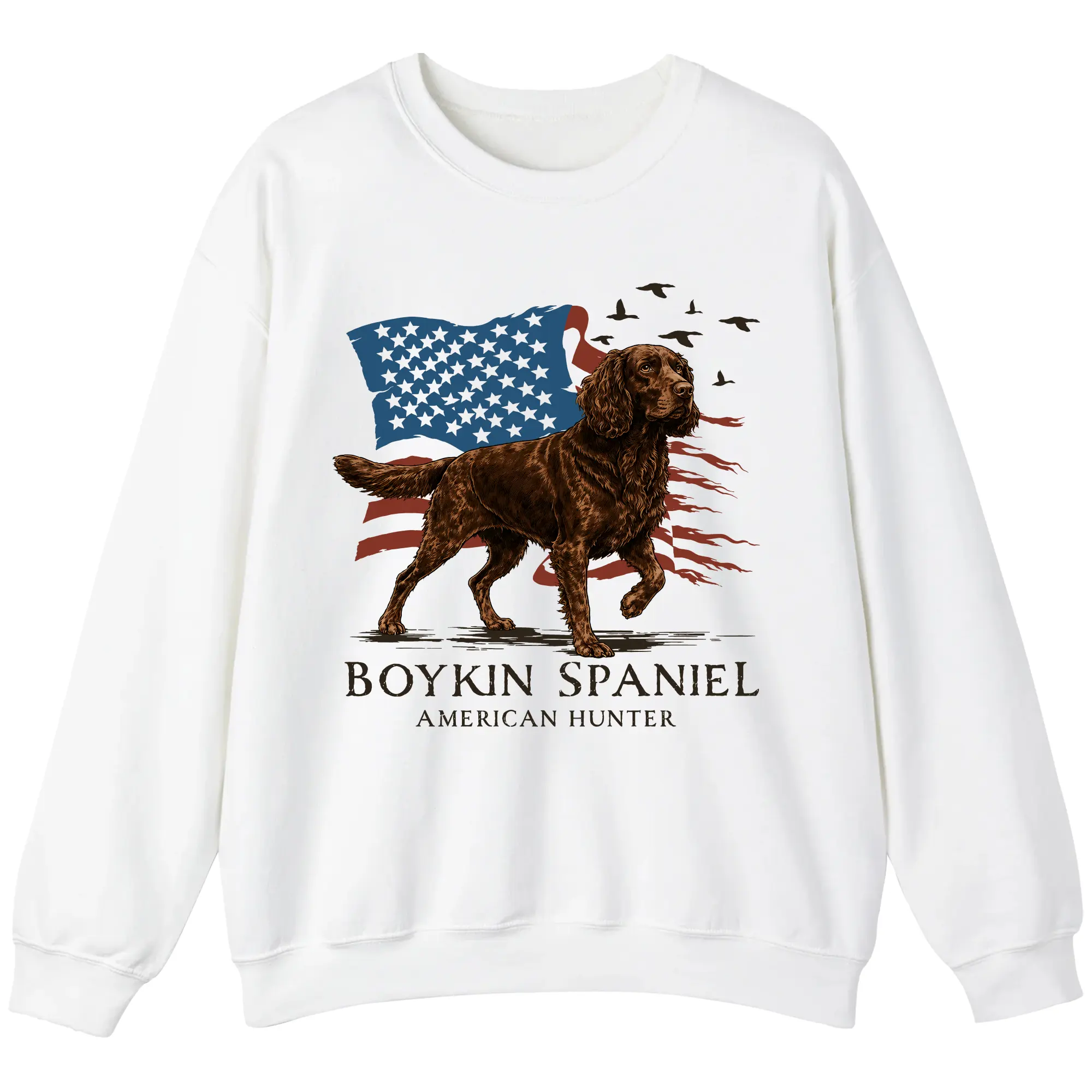 Boykin Spaniel Patriotic Hunting Dog Sweatshirt, American Flag Duck Dog Sweatshirt, USA Hunting Spaniel Graphic Sweatshirt, Waterfowl Hunter Sweatshirt, Boykin Spaniel Hunting Crewneck, Duck Hunting Dog Sweatshirt
