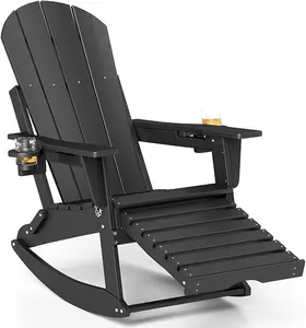 FOOWIN Adirondack Rocking Chair with Retractable Ottoman, All Weather HDPE Folding Adirondack Chair with Two Cup Holders, Adirondack Outdoor Rocking Chairs for Porch, Patio, Balcony, Backyard