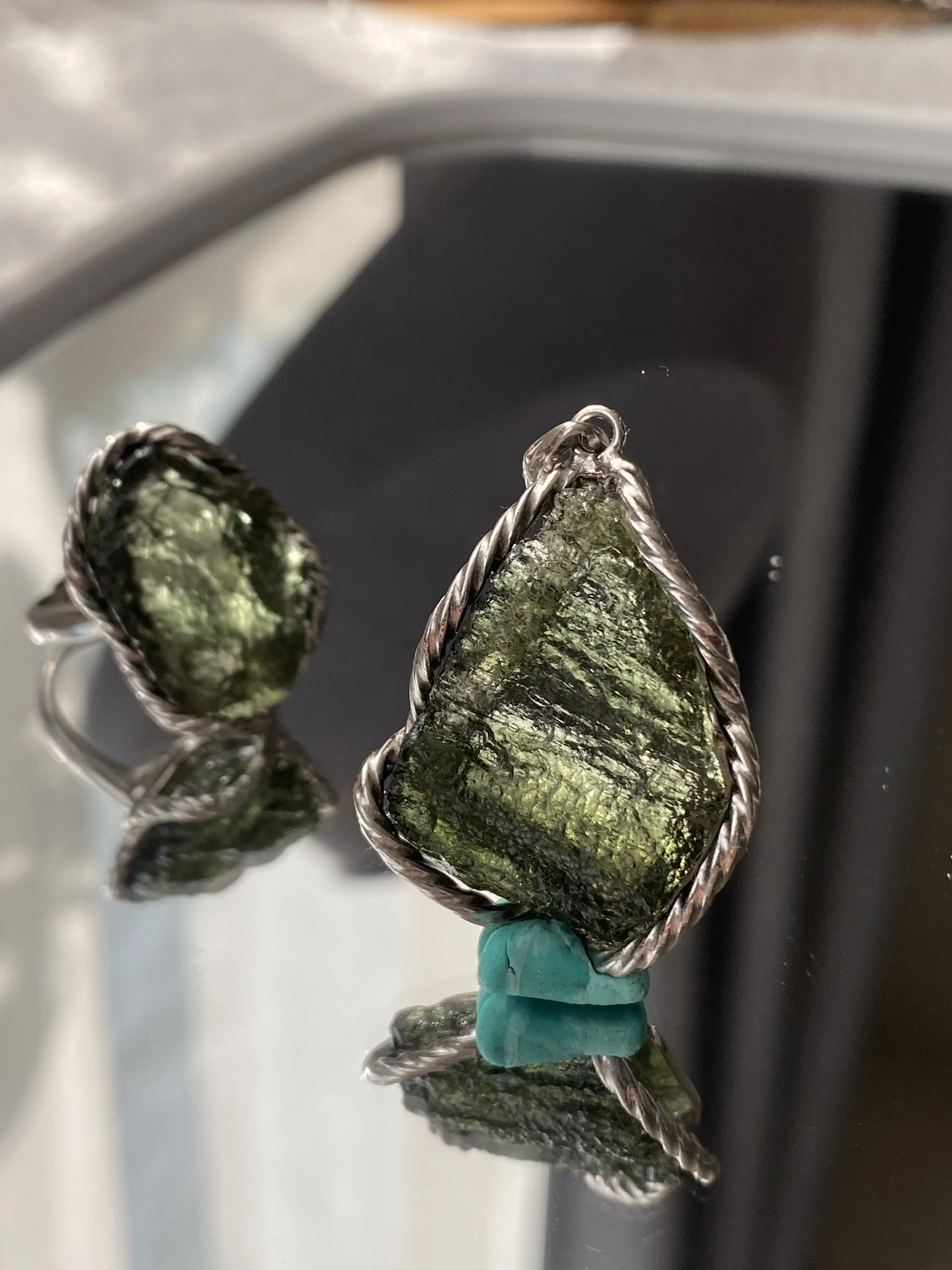 Handcrafted Sterling Silver Moldavite Ring and Necklace Pendant