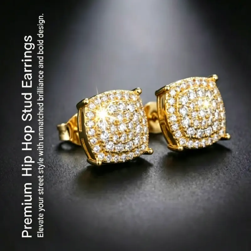 BUBURBO AAA Grade Cubic Zirconia Hip Hop Geometric Square Stud Earrings, Futuristic Micro Pave Luxury Men's Earrings for Daily Wear, Earring Stacks, All-Day Wear
