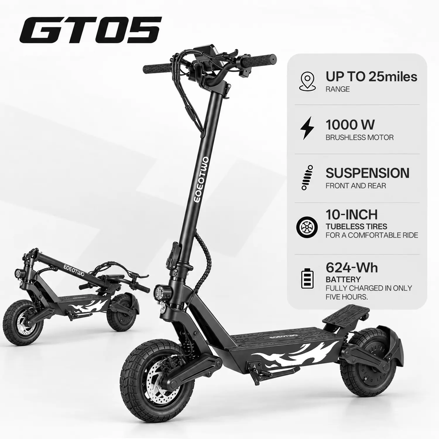 EOEOTWO GT05 Folding Electric Scooter, 1000W Motor 28MPH Top Speed, 48V 13Ah Battery 25miles Range, 10 Inch Off‑Road Tubeless Tire, One‑Step Fold E‑Scooter with Disc Brakes for Adult Commuter Off‑Road Riding