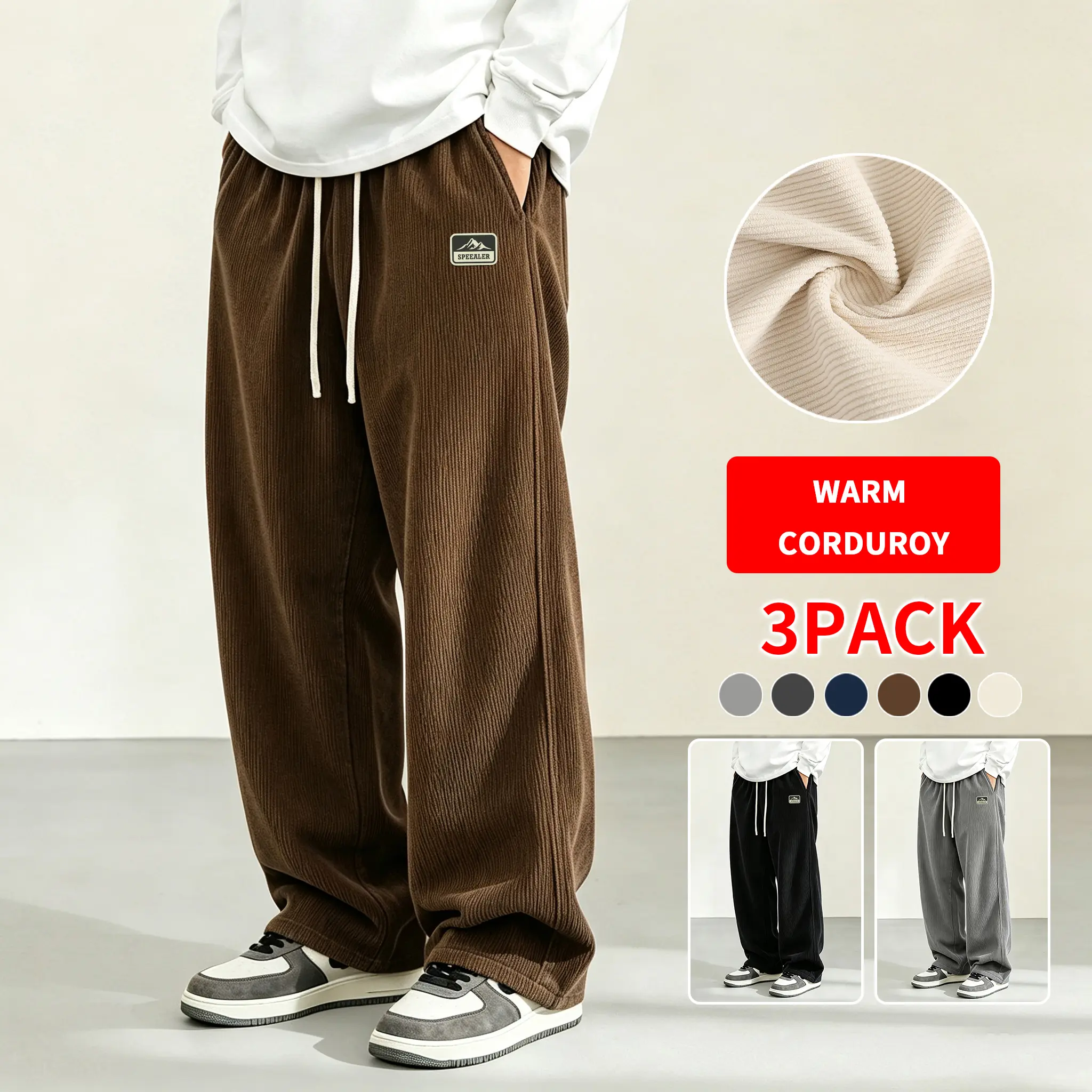 3-Pack Men Autumn Winter Corduroy Casual Trousers Soft Warm Cord Fabric Elastic Drawstring Waist Loose Wide Straight Leg Design Deep Side Pockets Perfect For Daily Travel, Outdoor Strolls, Casual Hangouts And Daily Street Outfits, Multi Color Bundle