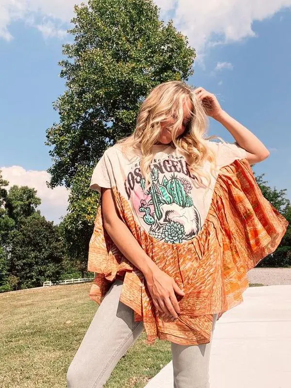 Women's Boho Patchwork Print Shirts, Oversized Batwing Sleeve Tunic, Lightweight Flowy Clothes for Casual Outdoors & Festival Wear, Tunic Top, Graphic, Fashion, Ootd Ideas, Bohemian Style Blouses & Shirts, Bat Wing Blouses & Shirts