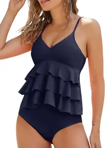 Cute Ruffle Color Block Tankini Swimsuits One Piece Slimming Tummy Control Bathing Suits