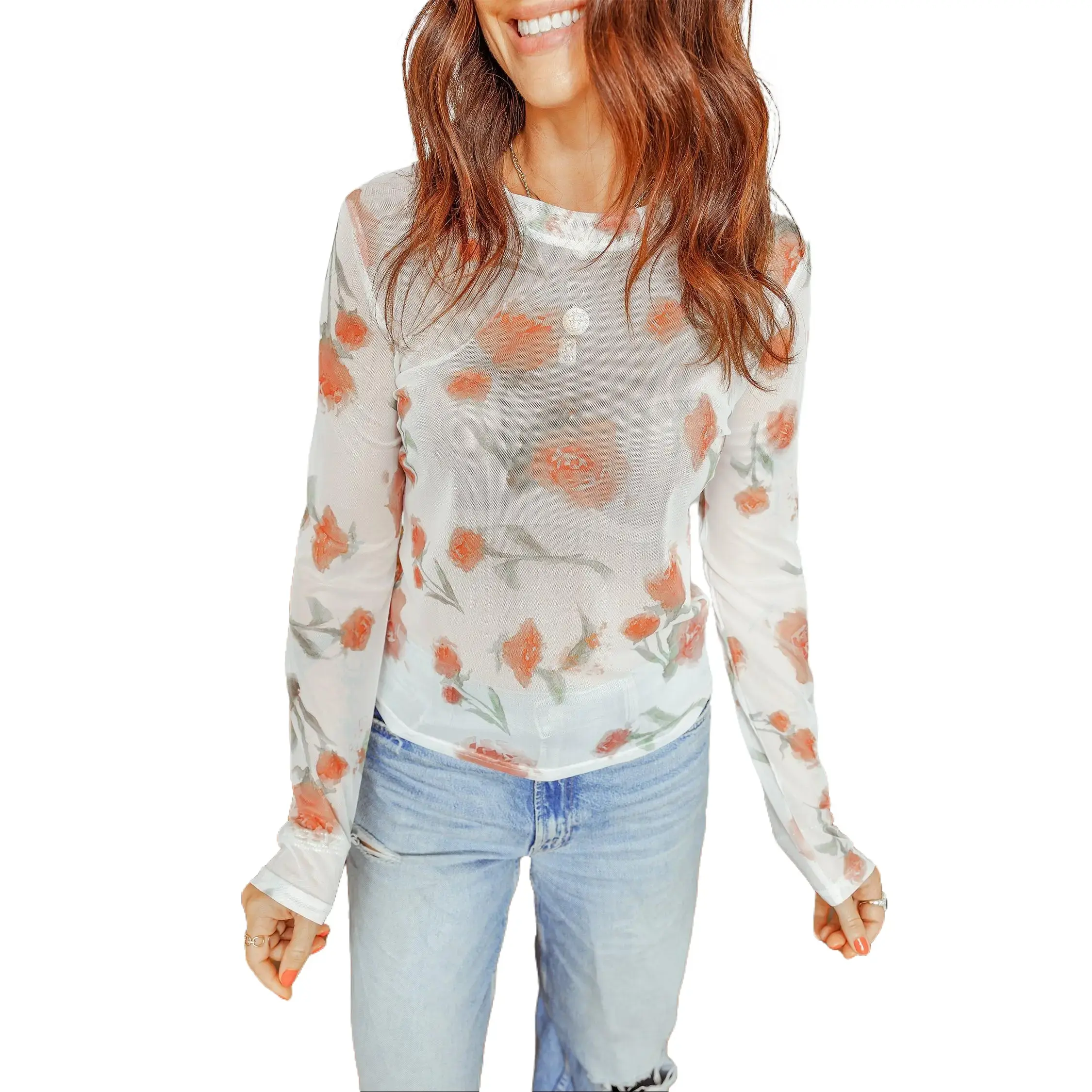 Women's Fitted Floral Print Mesh Long-Sleeve Casual Round Neck Lady Blouse, Stylish Women's Shirts for Daily Wear