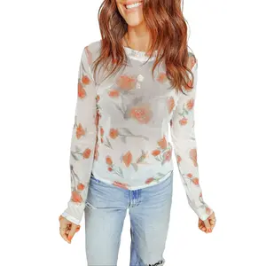 Women's Fitted Floral Print Mesh Long-Sleeve Casual Round Neck Lady Blouse, Stylish Women's Shirts for Daily Wear