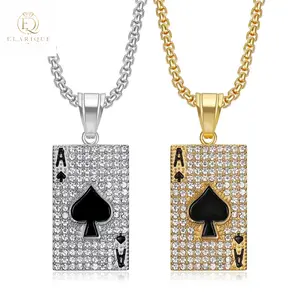 Elarique   18k gold-plated hip-hop jewelry, gold-plated diamond-encrusted black spade A poker card pendant necklace