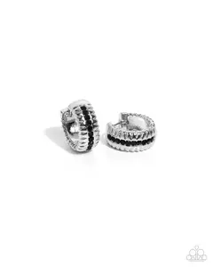 Serrated Shimmer - Black Rhinestone Silver Hinge Hoop Earrings - Paparazzi