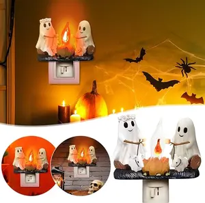 Hand Made Ghost Campfire Flickering Nightlight-lndoor Decorations,3D LED Small Electric FauxCampfire Night Light，2025 Ghost Roasting AtCampfire Nightlight, Faux Campfire Night LightPlug into Wall,Spooky Fire Marshmallow NightLight Halloween Gifts