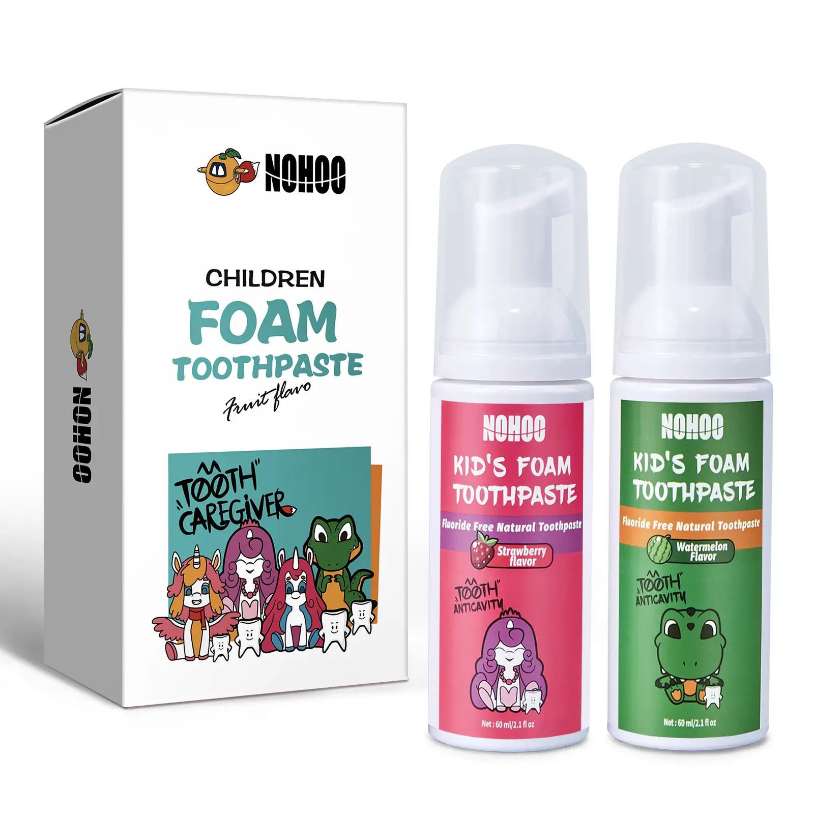 NOHOO Kids Foam Toothpaste 2-Pack | Fluoride-Free, Gentle Oral Care for Baby & Toddler | Strawberry & Watermelon Flavor, 60ml Travel Size