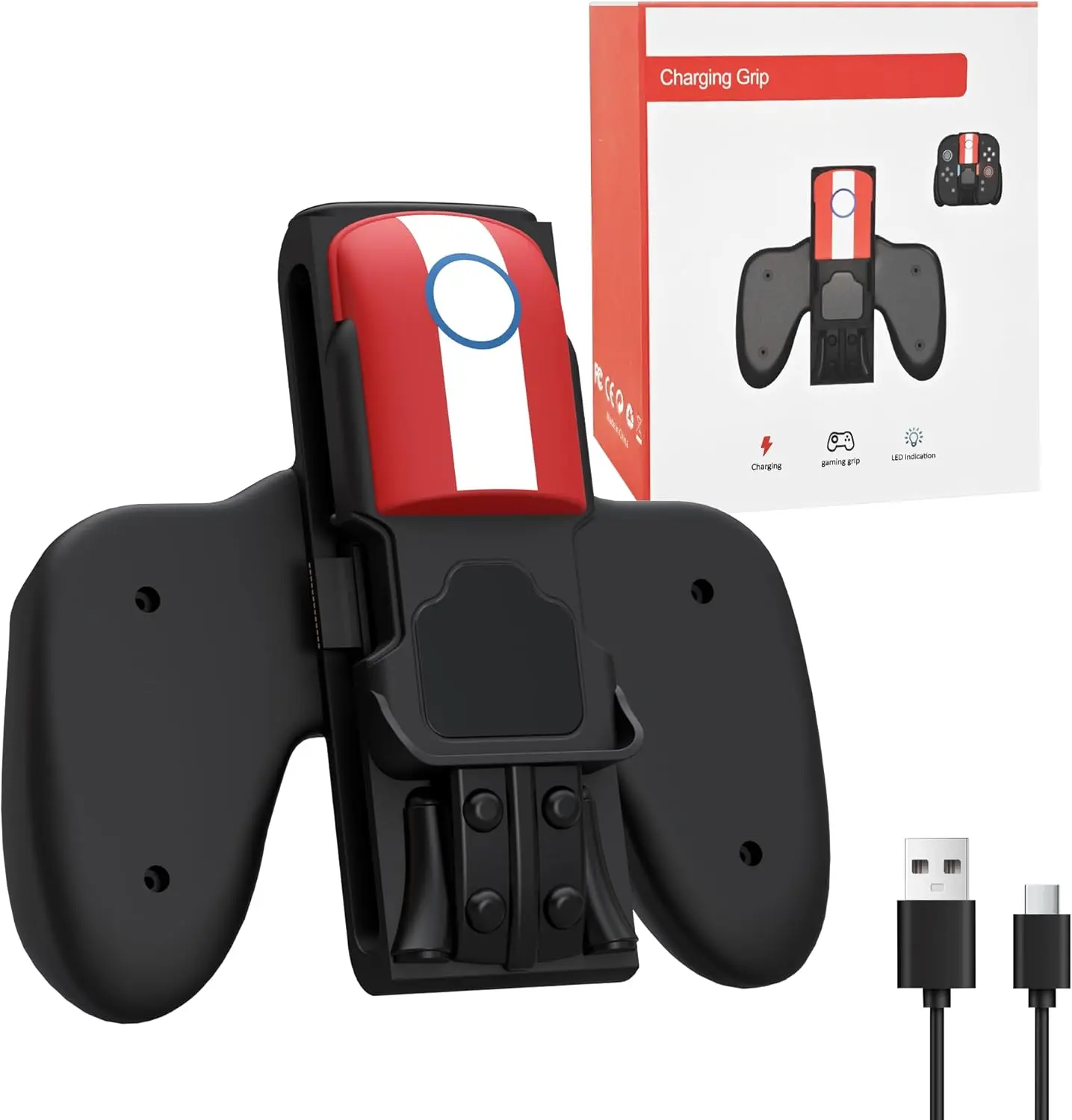 Magnetic Charging Grip for Switch 2 Joy Con, LED Indicator, Play While Charging with Charging Cable