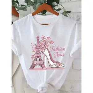, Fashion Women'S Paris Style Printed T-Shirt- Eiffel Tower And High Heels Pattern Loose Round Neck Short Sleeve BREATHABLE Summer Casual Top Suitable For DAILY WEAR And Parties Women'S T-Shirt, Pure Material,  Women'S Short Sl