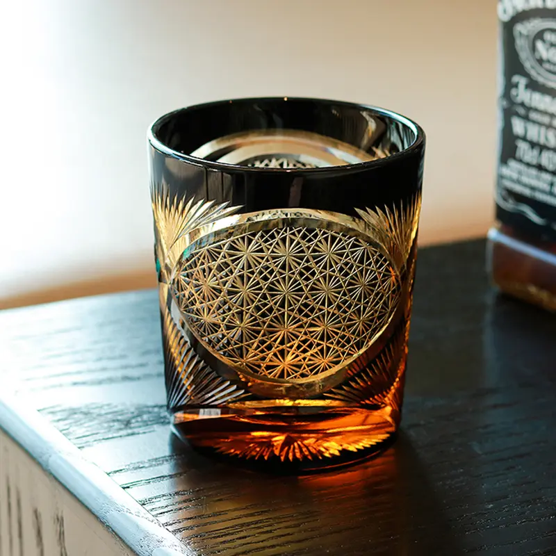 JINZHI Old Fashioned Glass Japanese Style 8OZ Amber Black Rocks Glasses Engraved Tumbler Drinkware Glasses for Whiskey Vodka with Gift Box