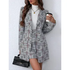 Two-Piece Set Women's Plaid Print Button Front Trendy Blazer & Pocket Skirt Set, Casual Lapel Neck Long Sleeve Outerwear & Short Skirt for Work Office Business, Ladies Spring & Fall Clothes