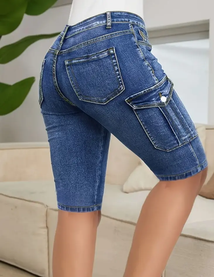 Women's High-Waist Chic Knee-Length Bermuda Denim Shorts with Flip Pocket, Polyester-Cotton-Viscose-Elastane Blend Fabric, Casual Workwear Bottoms