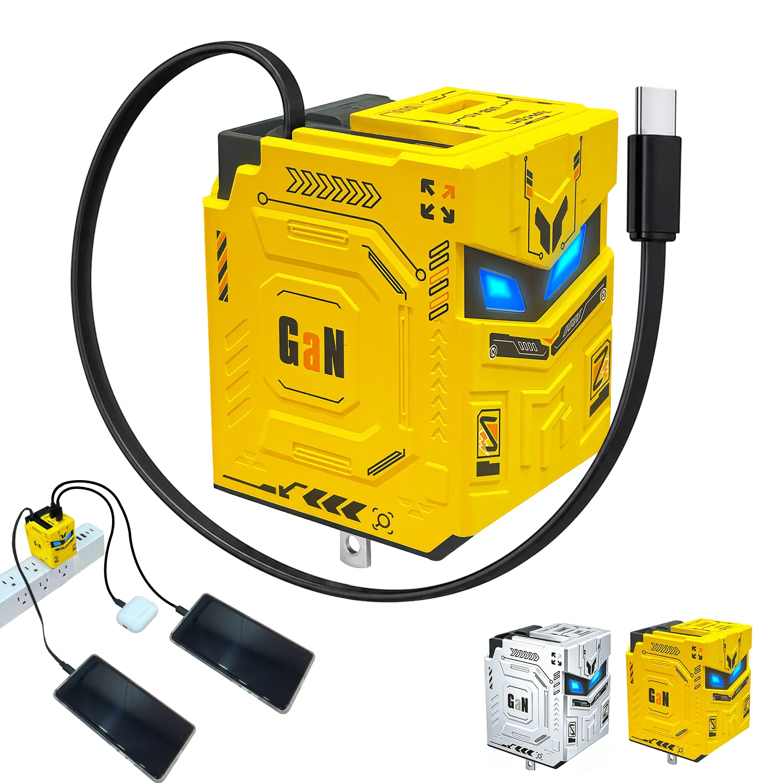 MOJUE Mechanical-style charger  Mechanical armor has a fast charging capacity of 65W, a charger, a retractable charging cable, multiple interfaces, portable for travel, suitable as a gift for men, breaks the convention, and has a handsome appearance.