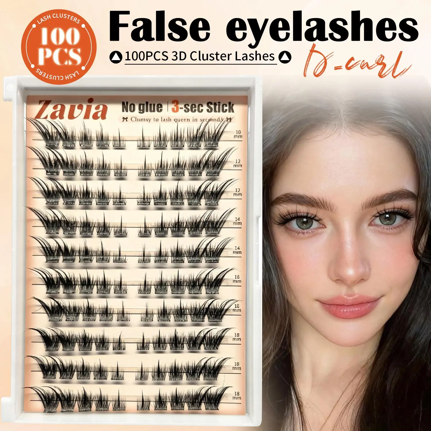 Zavia Self-Adhesive Cluster Eyelash Extensions, 100PCS No Glue Needed, 3-Second Quick Apply Reusable, 10-18mm Mixed Length Dramatic Lashes, On-the-Go False Eyelashes & Adhesives