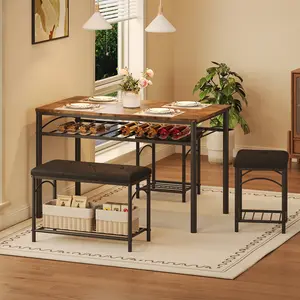 Dining Table Set for 4 – Kitchen Table with Upholstered Bench & 2 Stools – 4‑Piece Kitchen Table Set with Storage Rack & Metal Frame for Small Space – Apartment Dining Set
