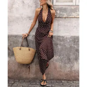 Women's Halter Polka Dot Maxi Dress Sleeveless Backless Deep V Neck Elegant Dresses Smocked Boho Beach Long Dress Foreign Style Polka Dot Print Ladies Long Dress Summer Elegant Beach Vacation Sexy Deep V-neck Dresses Woman's A-line Vestidos