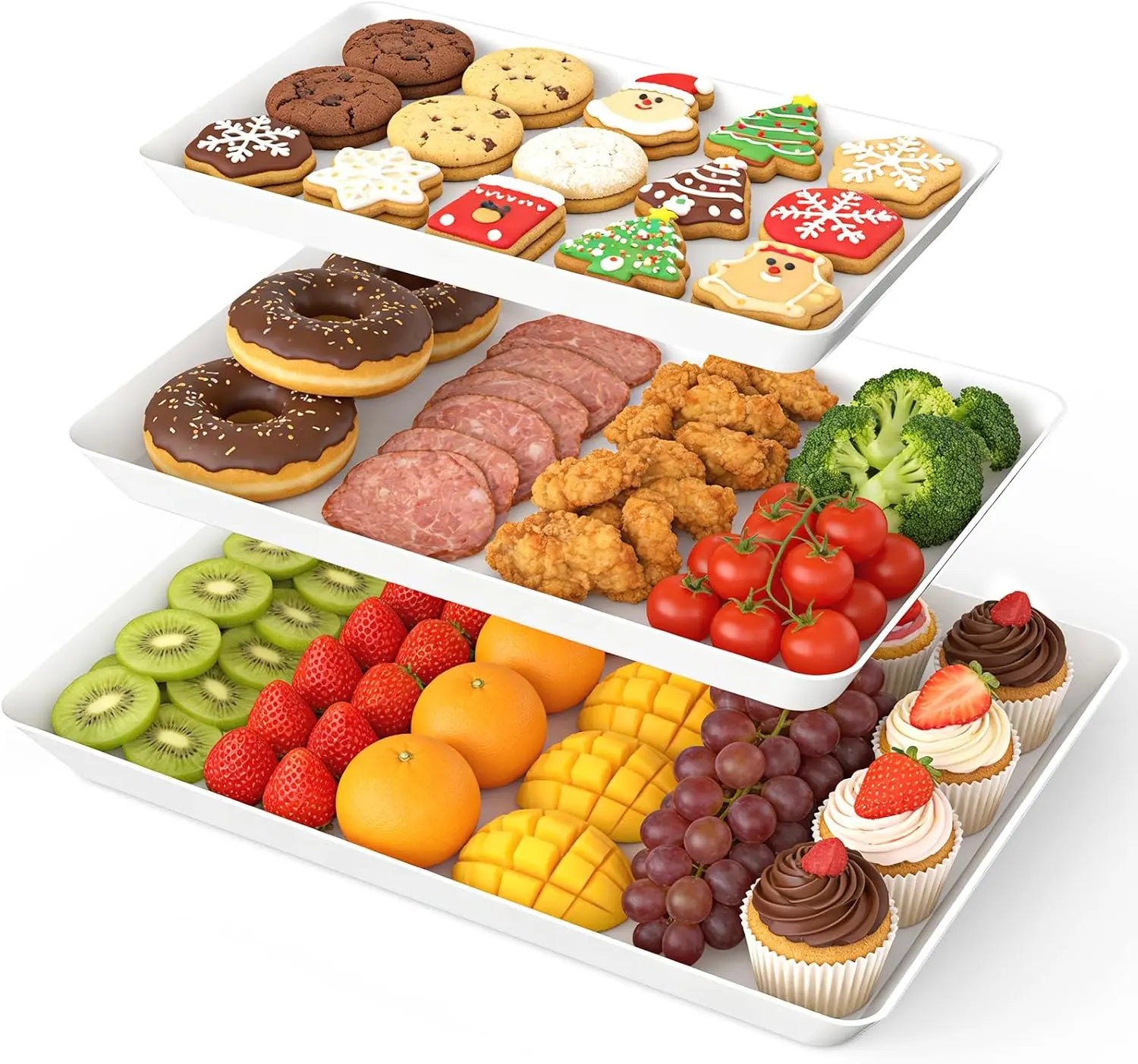 3 Pack Serving Tray, White Rectangular Appetizer Platters for Party, Catering, Buffet, Large Reusable Serving Dishes for Snacks, Fruit, Dessert, 3 Size Set 16 * 11", 14 * 9", 12 * 7"