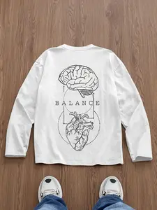 Men's Slim Fit Graphic Long Sleeve T-Shirt, Heart Brain Line Art Print, Casual Streetwear Style, All Seasons Wear, Unisex Fashion Top