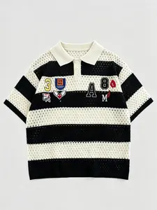 Men's Spring Summer Fall Fashion Street Style Striped Polo Neck Knit Top, Short Sleeve Embroidery Button Front, Y2K Casual American Young Men's Clothing