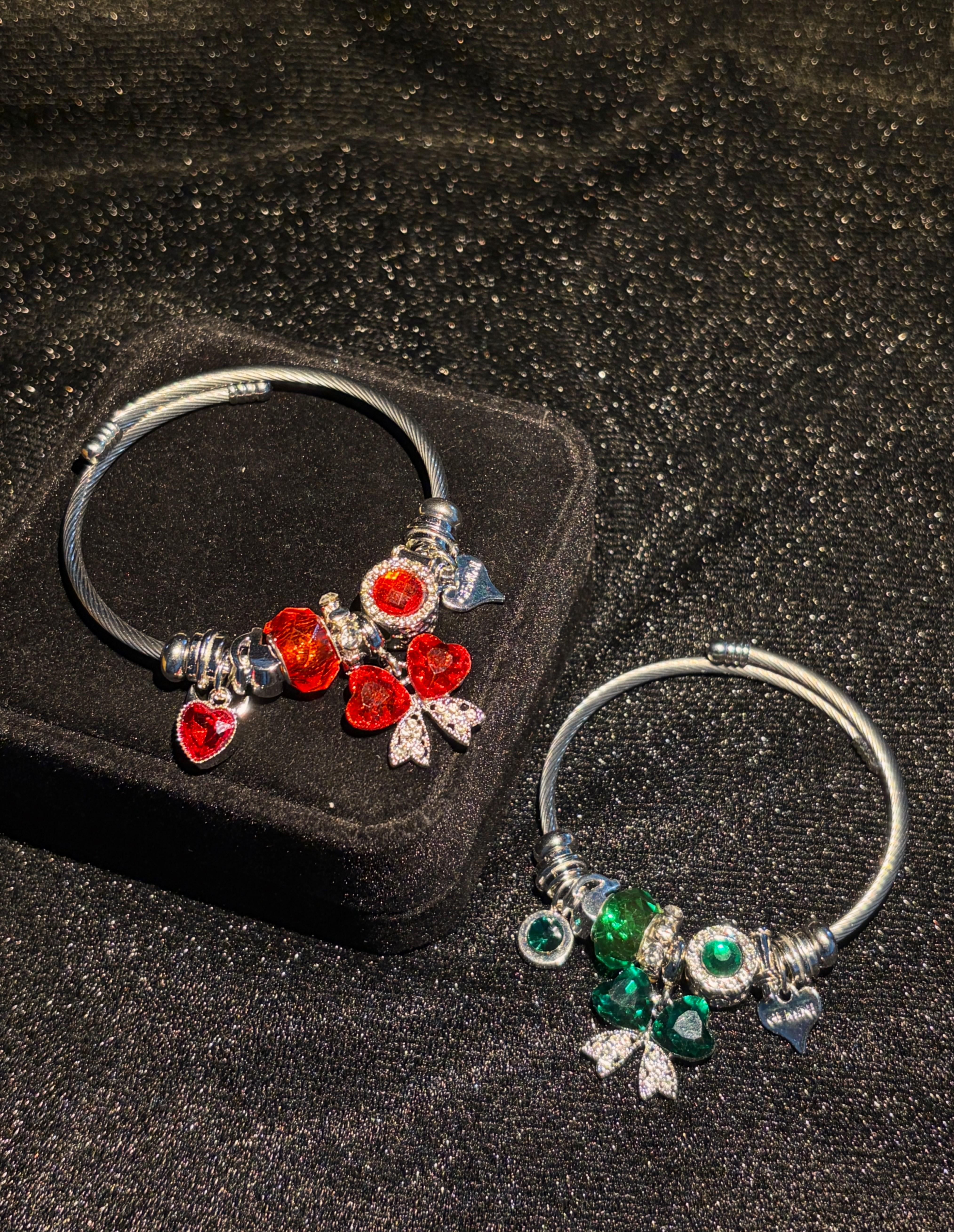 Women's Adjustable Open Silver-Tone Wire Bangle Bracelet, Sparkling Heart Butterfly Crystal Charm Design, 2-Color Red/Green Costume Jewelry, Fashion Statement Gift for Daily/Party Use Women's Adjustable Open Silver-Tone Wire Bangle Bracelet, Sparkling Heart Butterfly Crystal Charm Design, 2-Color Red/Green Costume Jewelry, Fashion Statement Gift for Daily/Party Use
