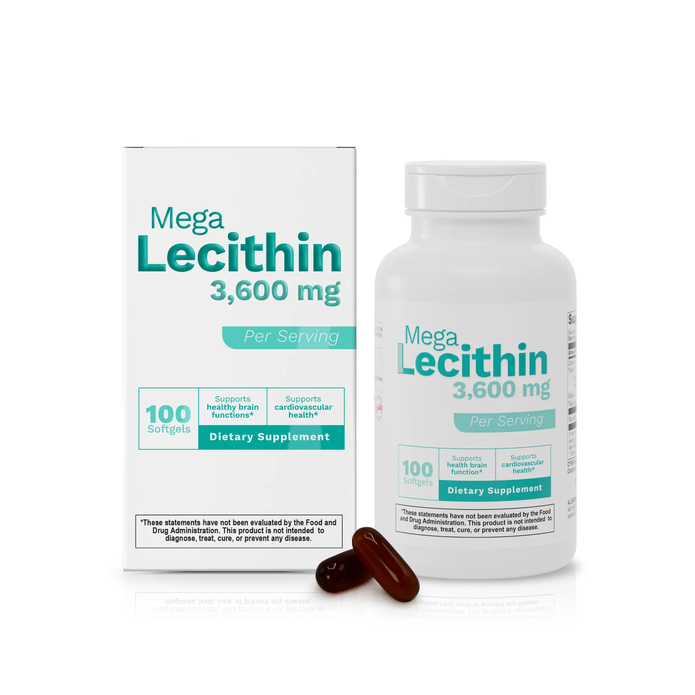 Mega Lecithin 3600 mg Soy Lecithin Softgels, Healthcare Dietary Supplement for Brain & Cardiovascular Support, 100 Count