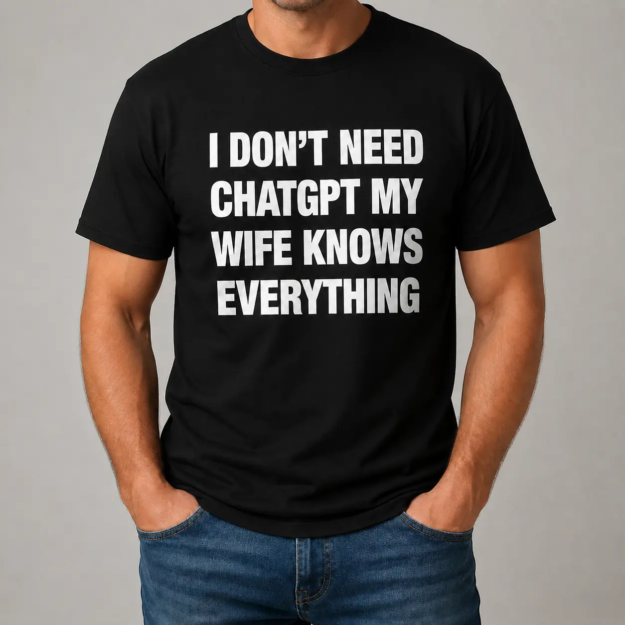 Funny ChatGPT Wife Graphic T-Shirt | Sarcastic Husband Joke Black Casual Tee | Unisex Gildan 5000 Heavy Cotton Crewneck Top | Summer Marriage Humor Trendy Tech Tshirt for Men