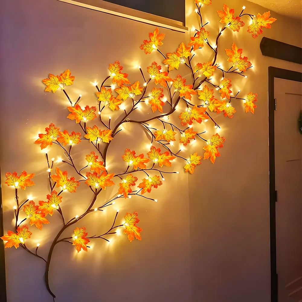 6FT Lighted Willow Vine with Maple Leaves & Remote, 96 LED Autumn Garland Rattan Lights, 8 Modes Timer Bendable Branch Lights for Wall, Thanksgiving Halloween Fall Decorations Indoor