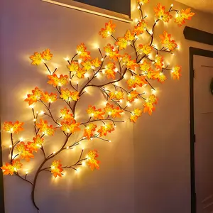 6FT Lighted Willow Vine with Maple Leaves & Remote, 96 LED Autumn Garland Rattan Lights, 8 Modes Timer Bendable Branch Lights for Wall, Thanksgiving Halloween Fall Decorations Indoor