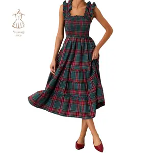 Women Sleeveless Dress Summer Casual Plaid Print Ruffled A-Line Party Dress for Beach Club Streetwear