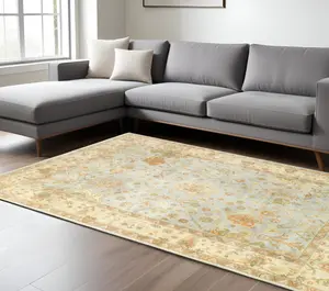 HomeRoots 576361 10 x 14 ft. Wool Oriental Hand Knotted Rectangle Area Rug, Blue & Sand