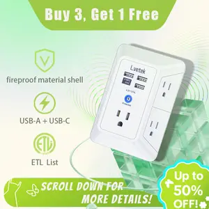 USB Wall Charger Surge Protector，LVETEK 5 Outlet Extender with 4 USB Ports (1 USB C Outlet) 3 Sided 1680J Power Strip Multi Plug Outlets Wall Adapter Spaced for Home Travel Office ETL Listed,Fireproof Shell Outdoorfun Socket Saver Socket Trays