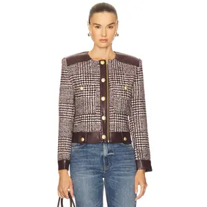 Central Park West Billie Houndstooth Jacket in Burgundy Combo