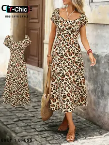 Women's Fashion Leopard Print Dress, Princess Bubble Sleeves, Waist Tie Design, Back Zipper Opening, Chic Elegant Vacation Wear, Casual Wear