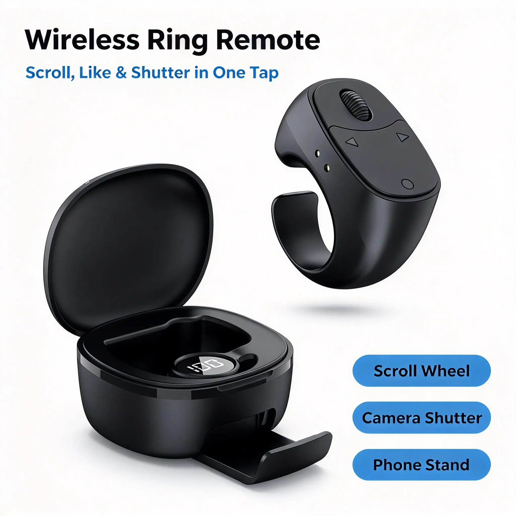 2026 New Bluetooth Finger Ring Remote Clicker with Scroll Wheel, Hands-Free Scrolling, Liking & Camera Shutter Control, Charging Case with Phone Stand, Portable Selfie Gadget for iPhone & Android Content Creators