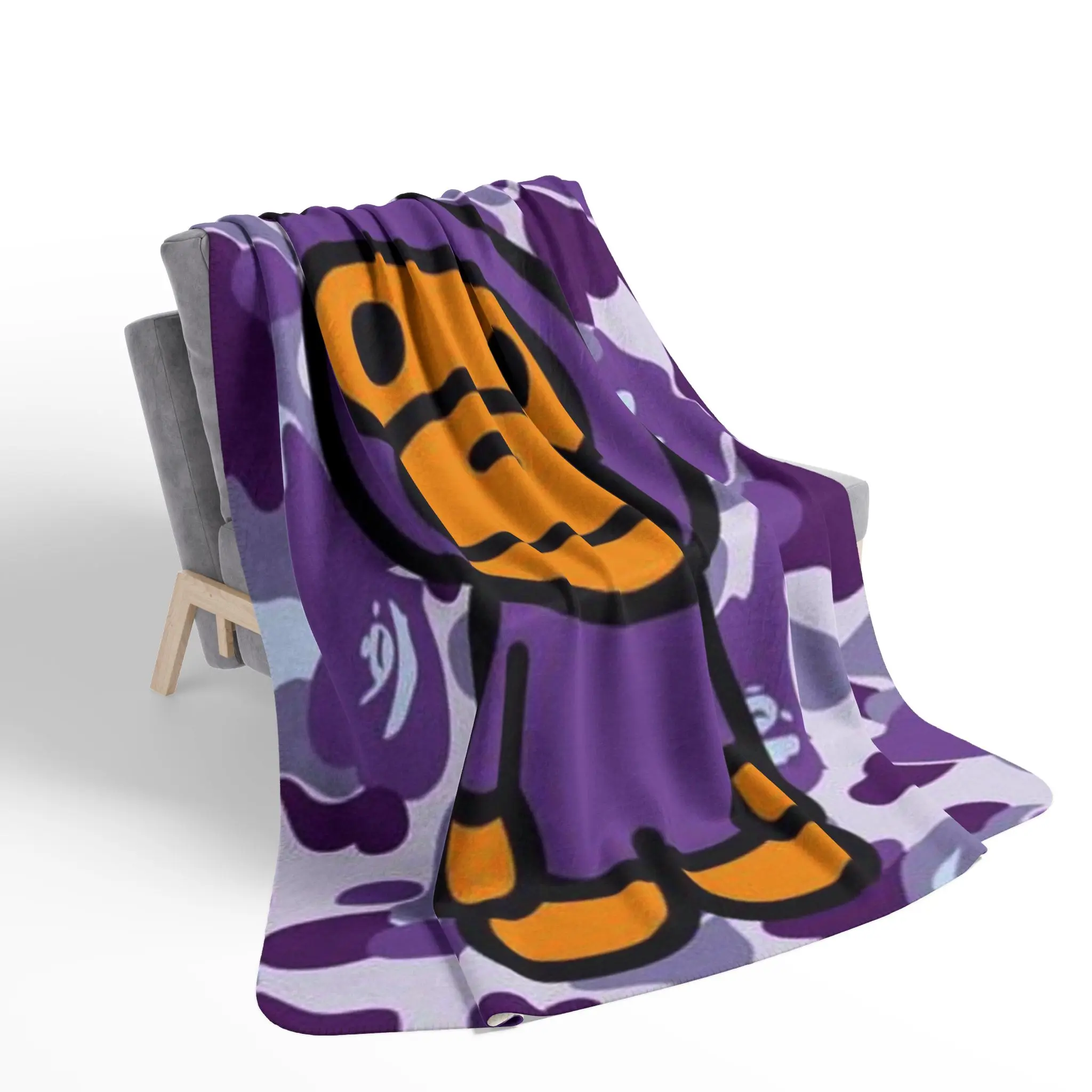 Purple Camo Cute Monkey Throw Blanket, Streetwear Y2K Plush Fleece Blanket for Couch Bed Decor