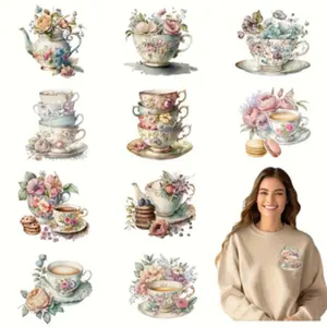 12-Piece Floral Tea Time DIY Embroidery Transfer Stickers, Washable Plastic Heat Transfer Decals for T-Shirts Jeans Masks Backpacks
