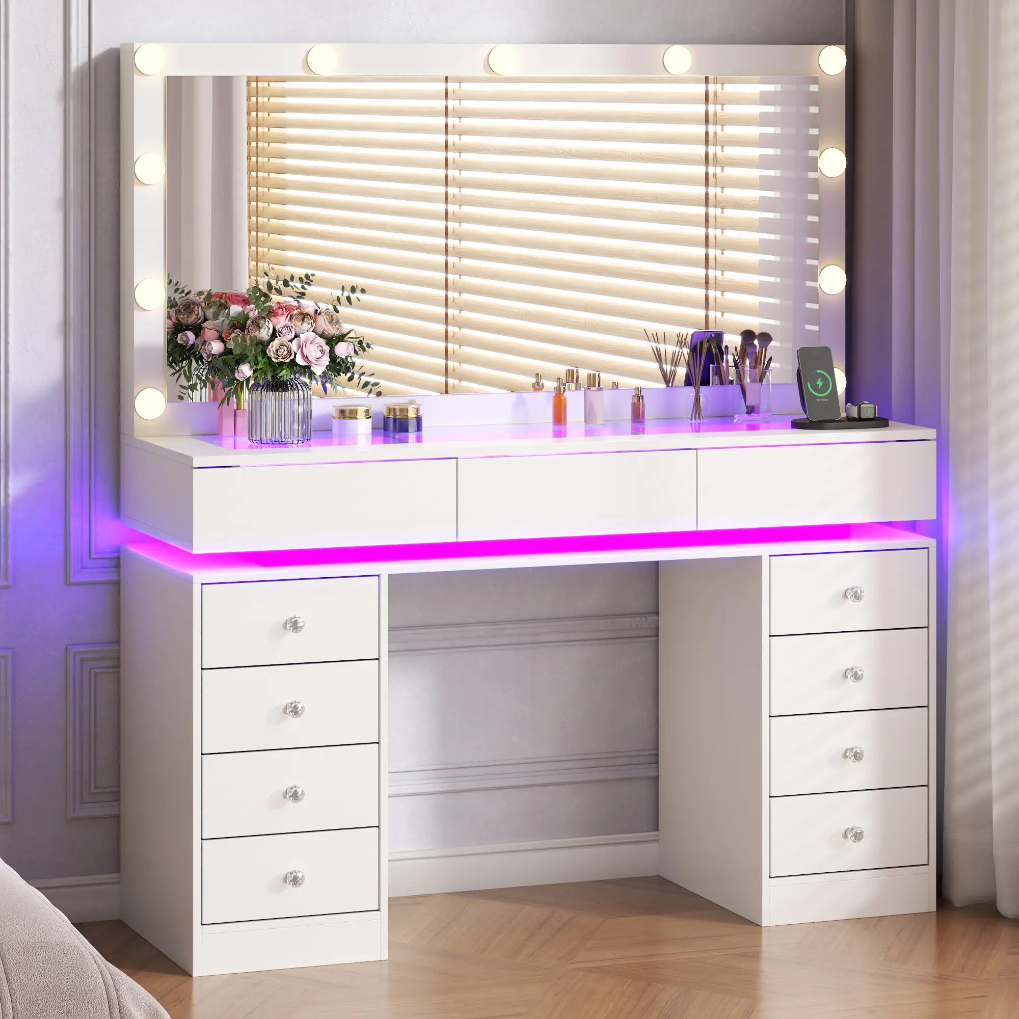 Gyfimoie 47" Vanity Desk with Large LED Mirror & Lights Makeup Table Glass Top Charging Station White 11 Drawers Storage 3 Color Modes Dressing Table